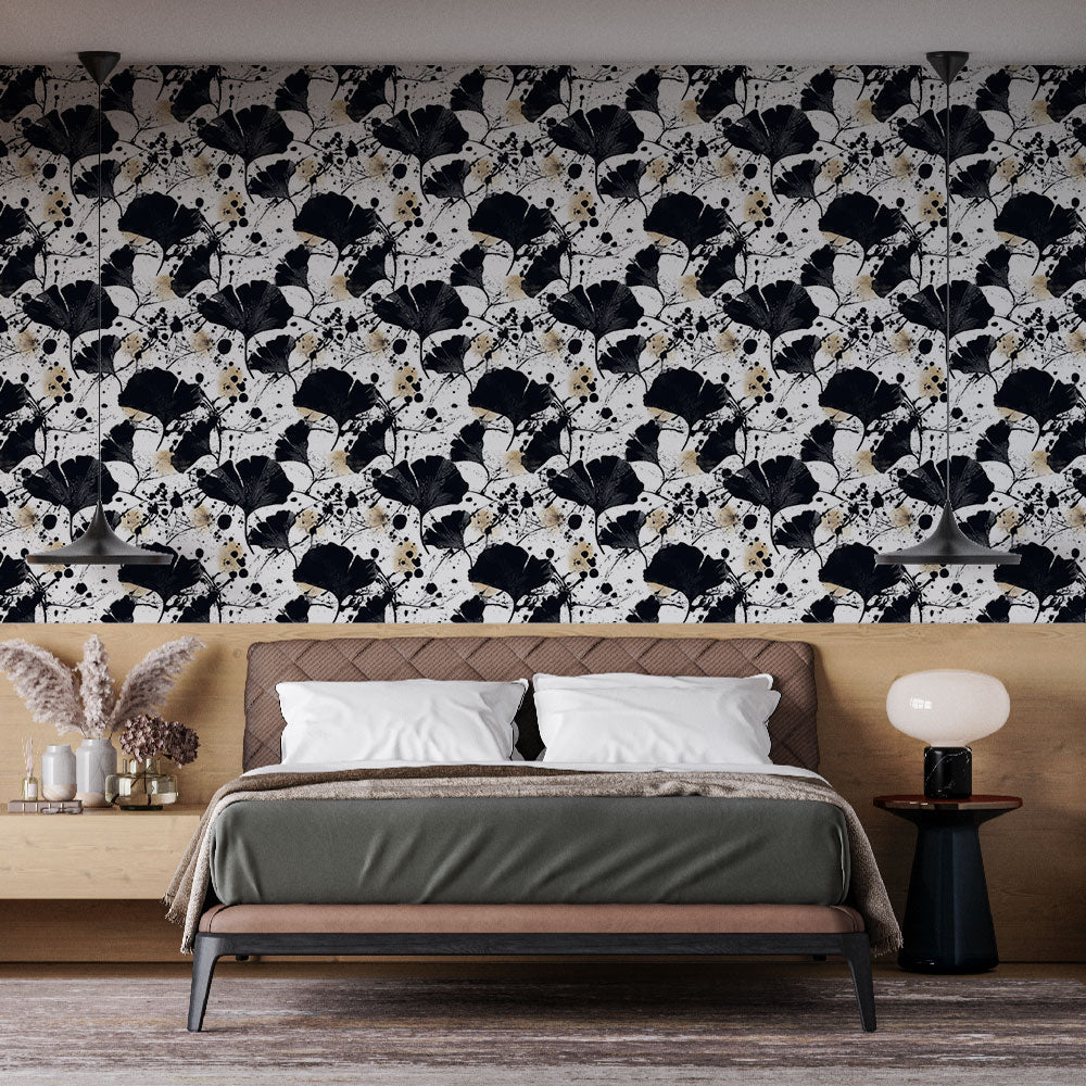 Abstract Floral Wallpaper | Black Leaves & Gold Accents Wall Mural