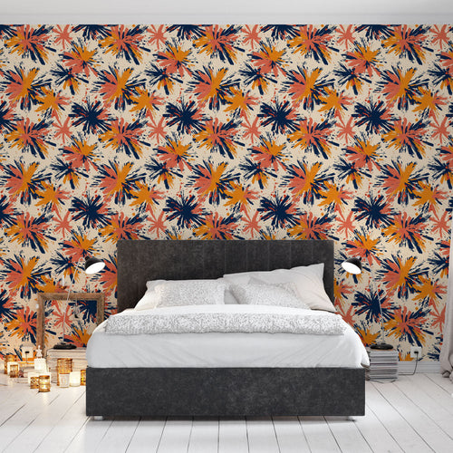 Abstract floral wallpaper with orange navy and pink brushstrokes on cream