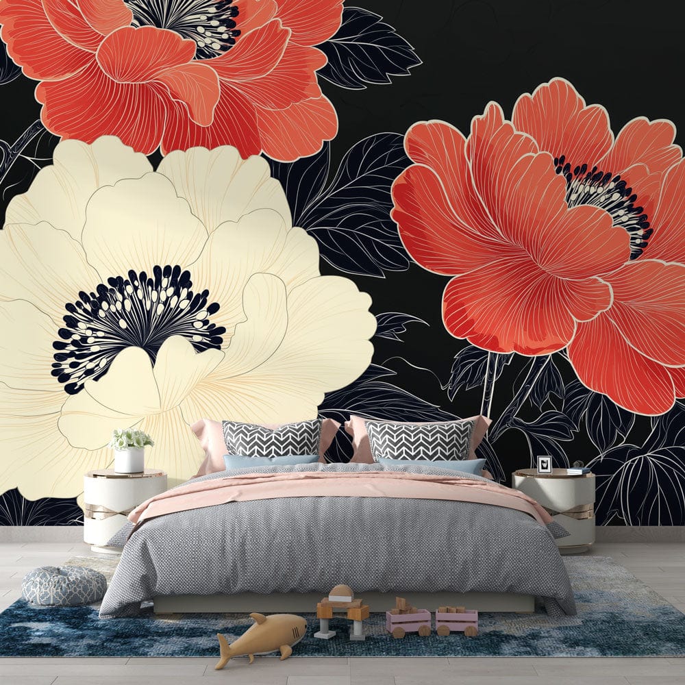 Anemones Wallpaper | Red White Blooms on Black Wall Mural