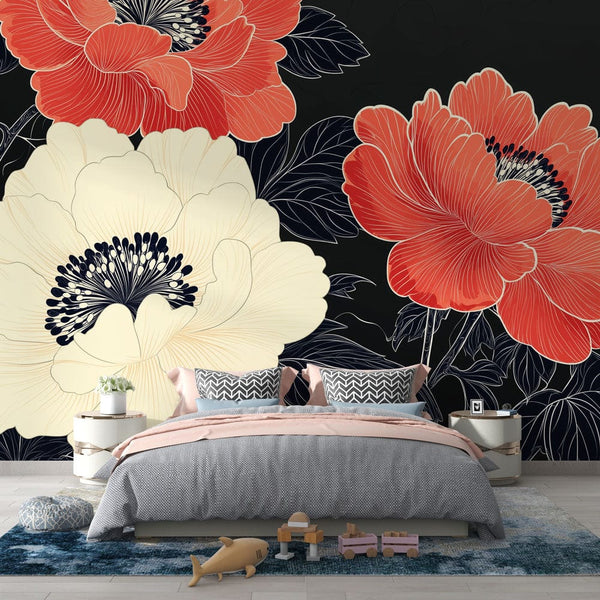 Anemones Wallpaper | Red White Blooms on Black Wall Mural