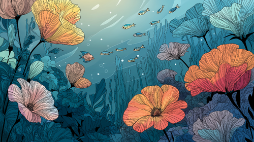 Aquatic Floral Wallpaper | Exotic Fish Among Bright Blooms