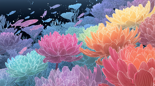 Aquatic Floral Wallpaper | Exotic Blooms and Bright Fish