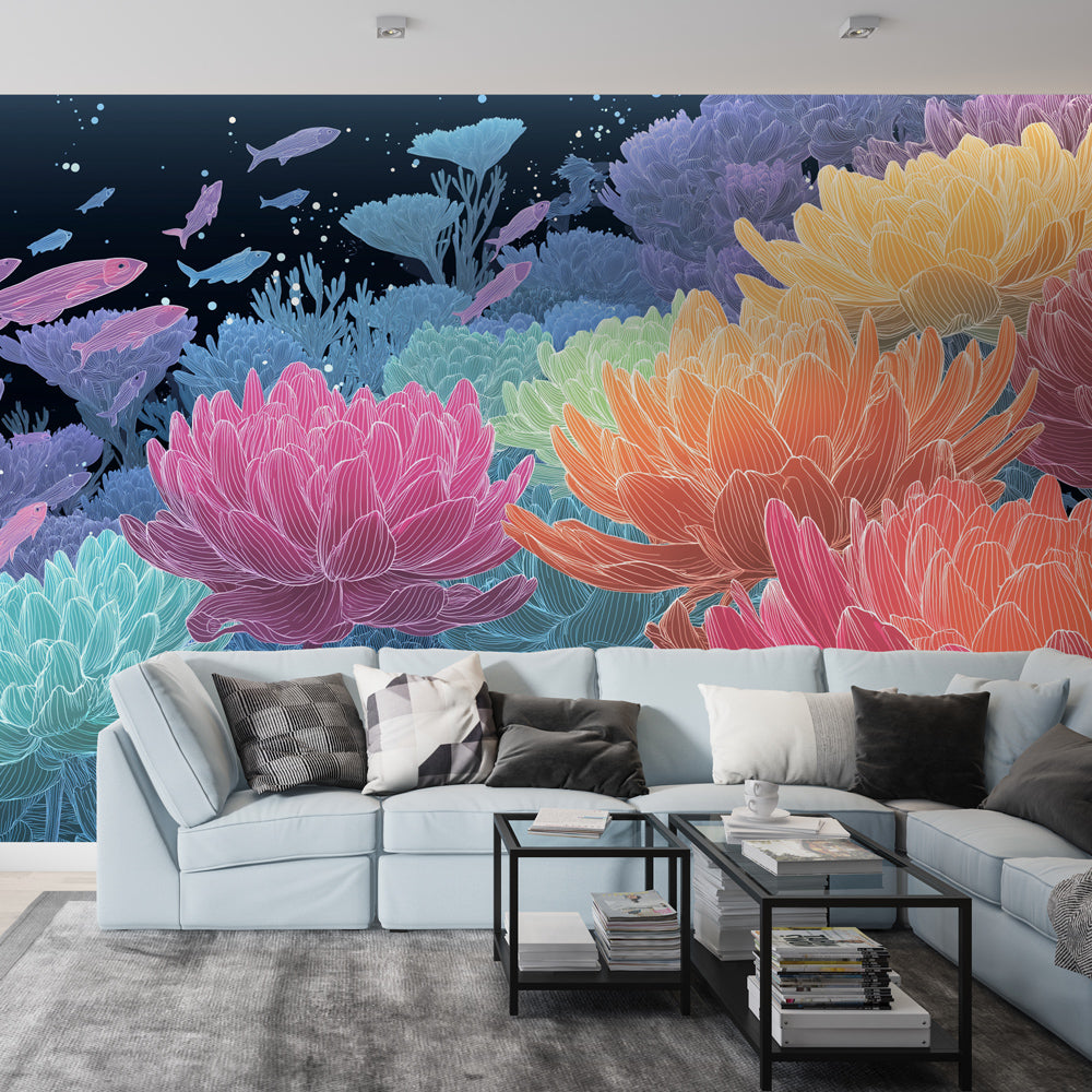 Aquatic Floral Wallpaper | Exotic Blooms and Bright Fish