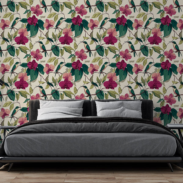 Floral Bird Wallpaper | Pink Blooms and Hummingbirds