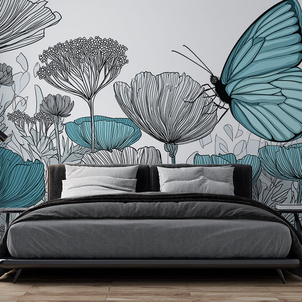 Floral Butterfly Wallpaper | Pastel Blue Wings and Blooms