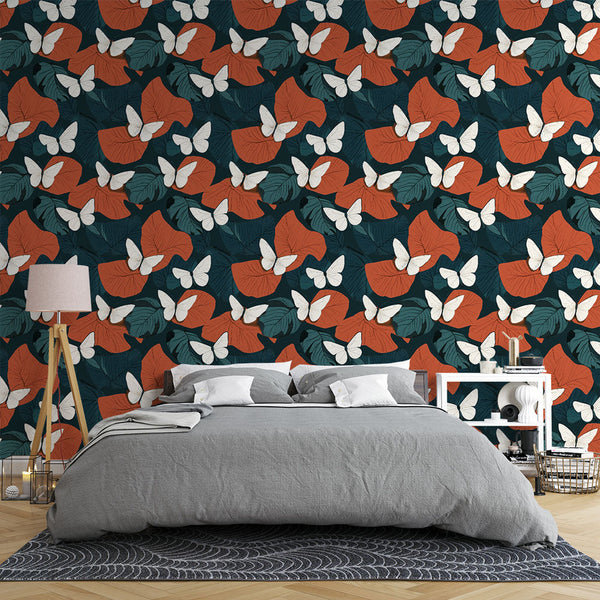 Floral Wallpaper | White Butterflies and Blooms on Dark