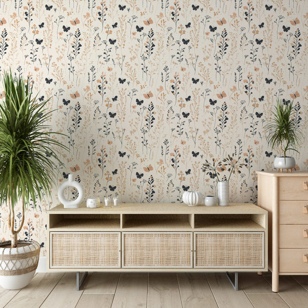Floral Wall Mural | Flowers and Butterflies on a Light Ground