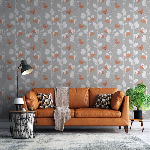 Floral Butterfly Wallpaper | Blooms and Wings on Grey Ground