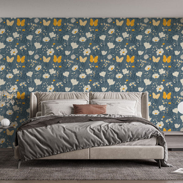 Floral Wall Mural with White and Yellow Butterflies
