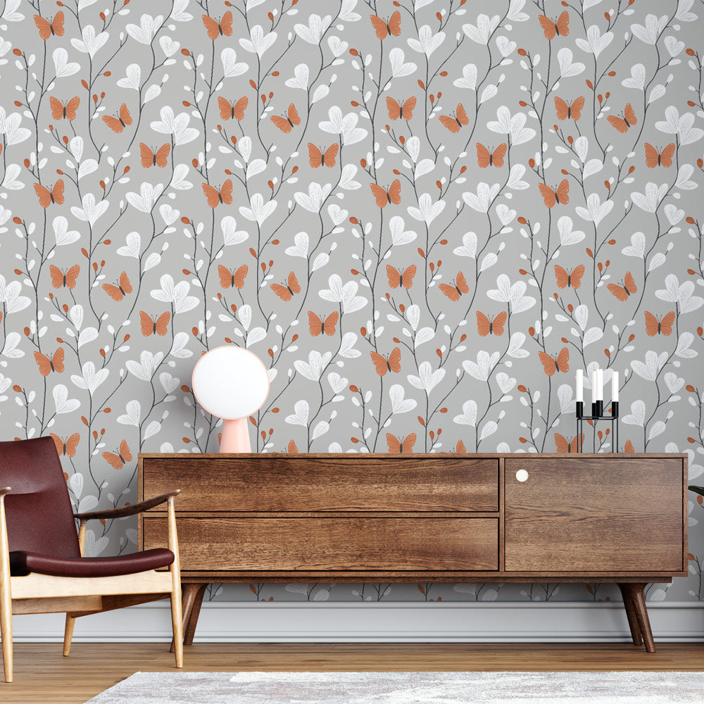 Floral Butterfly Wallpaper | Copper Wings on Grey Wall Mural