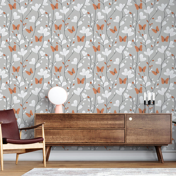 Floral Butterfly Wallpaper | Copper Wings on Grey Wall Mural