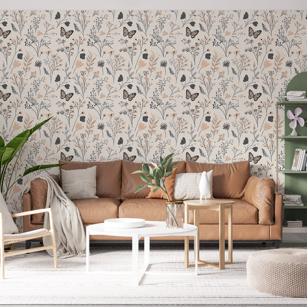 Floral Butterfly Wallpaper | Blooms and Insects on Cream