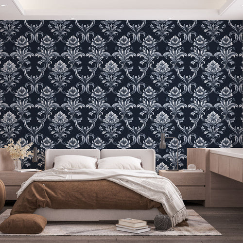 Baroque floral wallpaper in blue and white on navy background