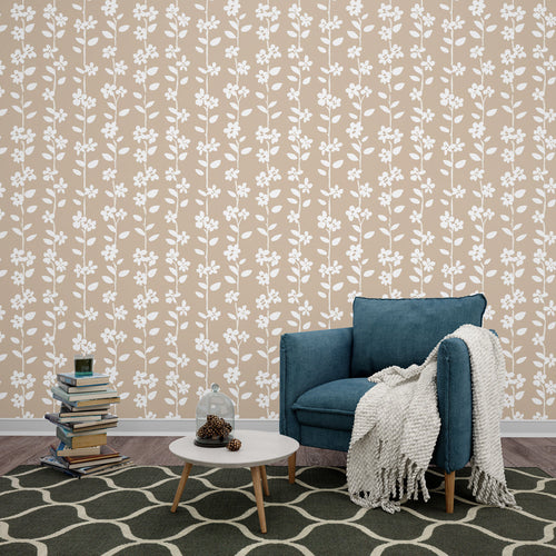 Beige floral wallpaper with white blooms on warm beige for charming cottage living room