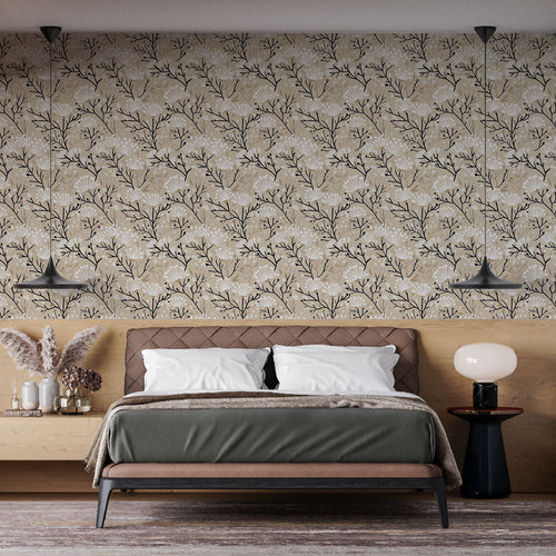 Beige floral wallpaper - white flowers with delicate black branches