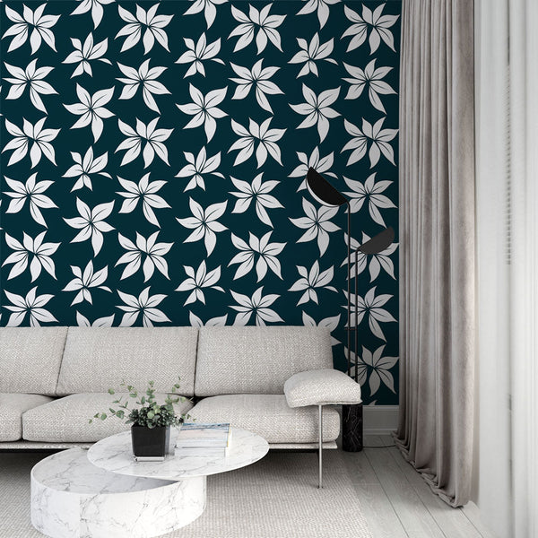 Navy Floral Wall Mural | Stylised White Blooms on Dark Ground