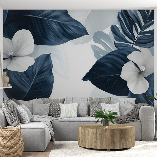 Teal Floral Wallpaper | Blue & White Leaves Mural
