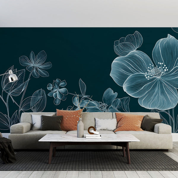 Teal Floral Wallpaper | White Blossoms Wall Mural
