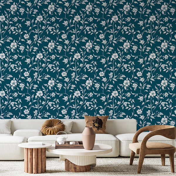 Teal Blue Floral Wallpaper | Refined White Flowers Wall Mural