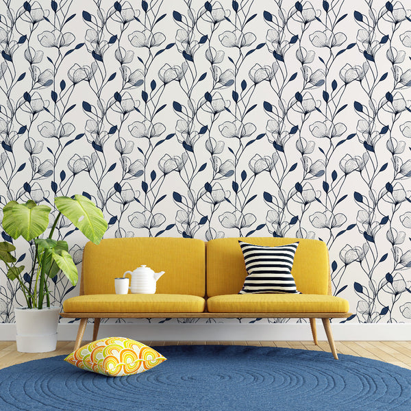 Navy Vintage Floral Wallpaper on Cream | Wall Mural