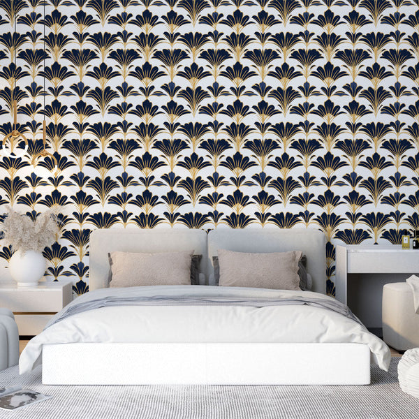 Navy & Gold Floral Wallpaper | Stylized Blooms Wall Mural