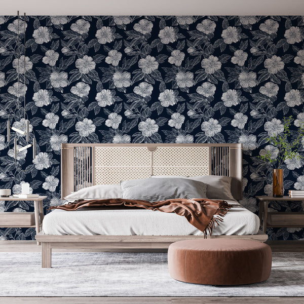 Navy Floral Wallpaper | White Blooms on a Dark Ground