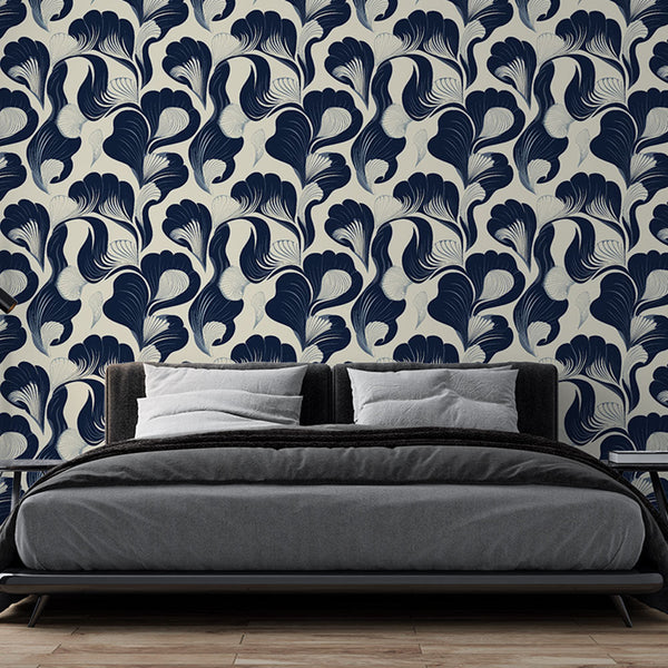 Navy Floral Wallpaper | Stylised Blooms on a Light Ground