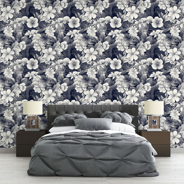 Navy Floral Wallpaper | Lush Blooms and Tropical Leaves