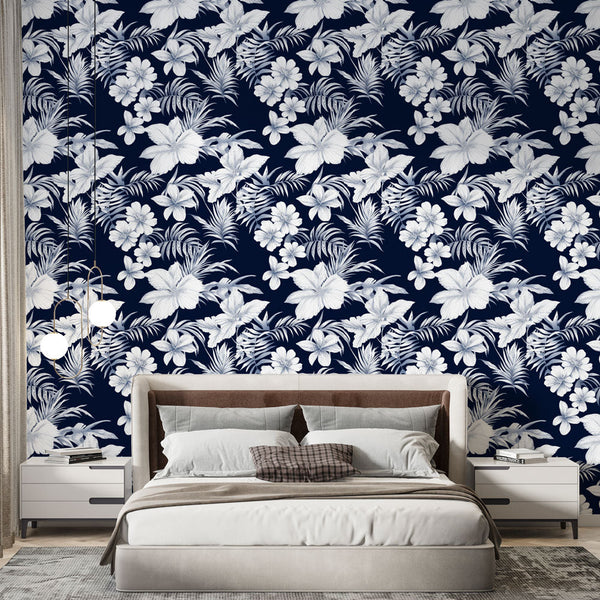 Navy Wallpaper | Tropical Pattern with White Flowers