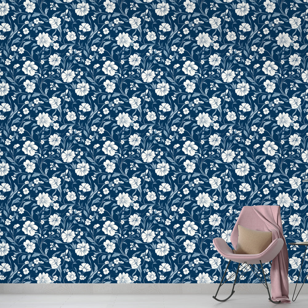 Navy Floral Wallpaper | White Blooms on Dark Ground