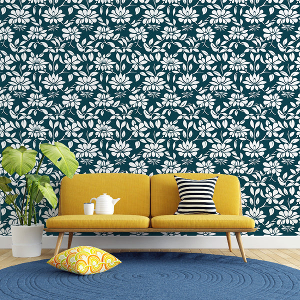 Navy Floral Wallpaper | Delicate White Blooms on Deep Blue