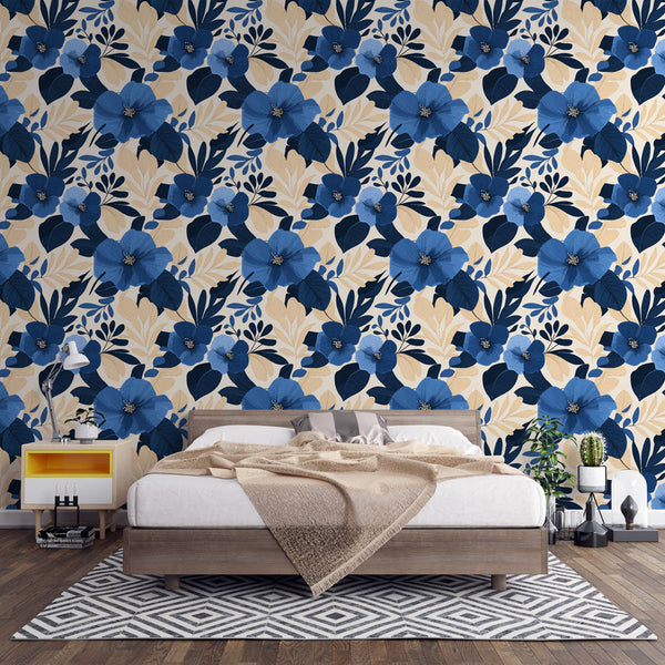 Blue Floral Wallpaper | Navy Blooms and Gold Leaves on Beige