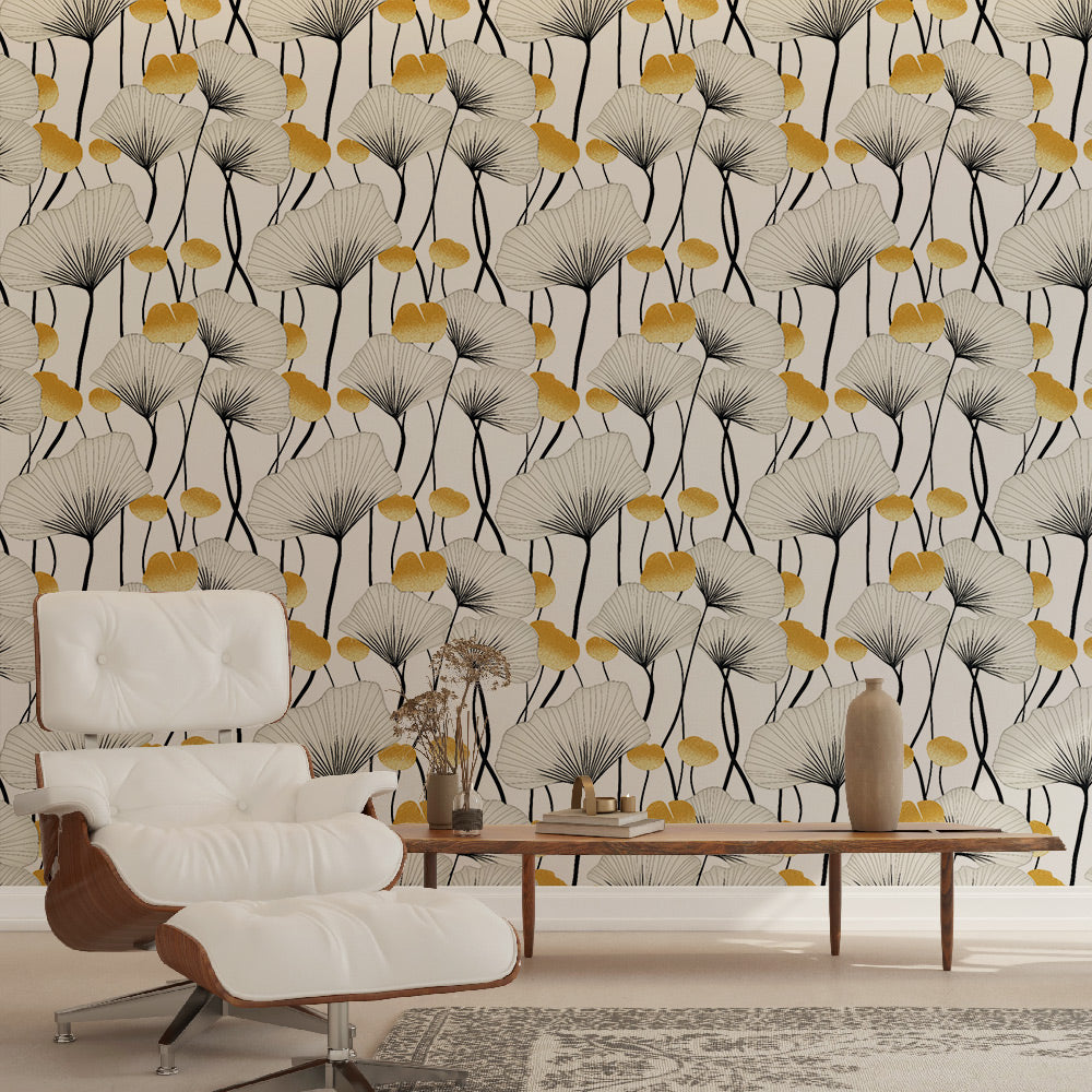 Chic Black & Gold Leaf Wallpaper on White Ground