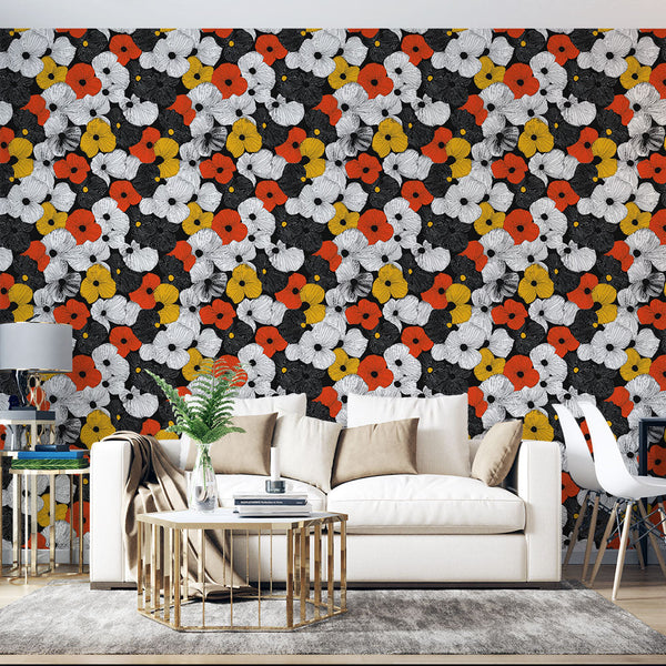 White Pink Yellow Orange Floral on Black Wallpaper