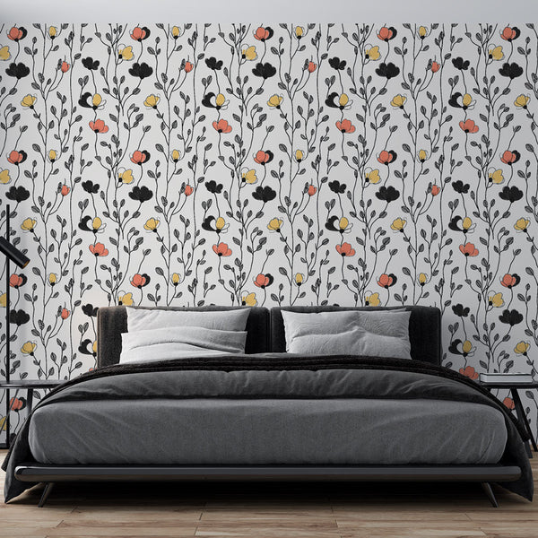 Black, Orange & Yellow Floral Wallpaper | Botanical Wall Mural