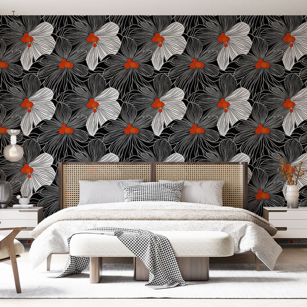 Contrast Floral Wallpaper | White & Red Bloom Wall Mural