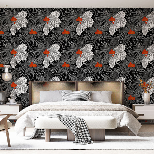 Contrast Floral Wallpaper | White & Red Bloom Wall Mural