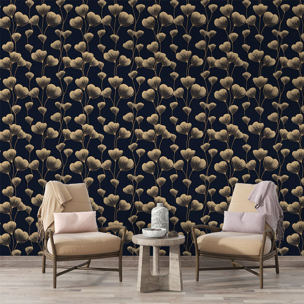 Golden Leaves Wallpaper | Midnight Blue Wall Mural