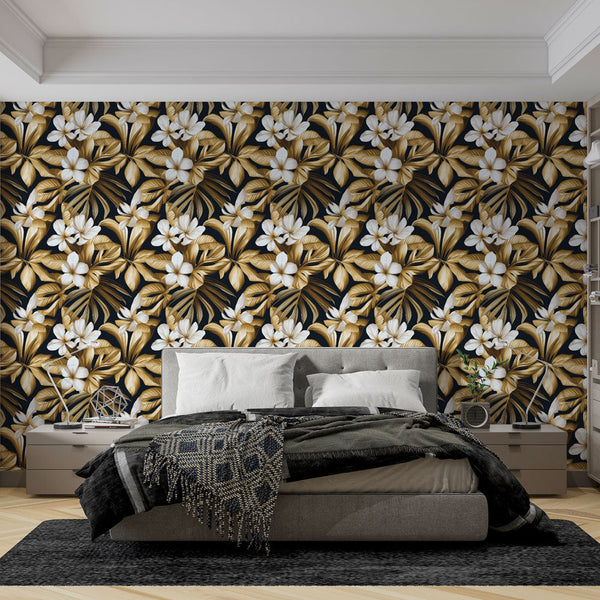 Golden Floral Wallpaper with White Blooms on Black