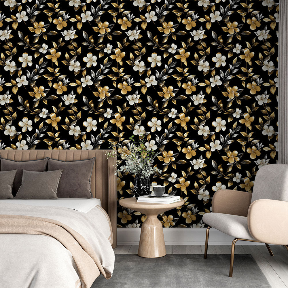 Gold Silver Floral Wallpaper on Black | Luxe Mural