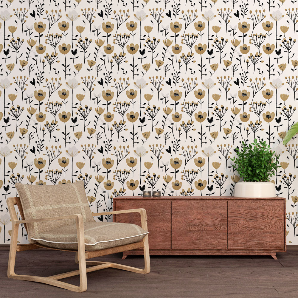 Gold Black Floral Wallpaper | White Wall Mural
