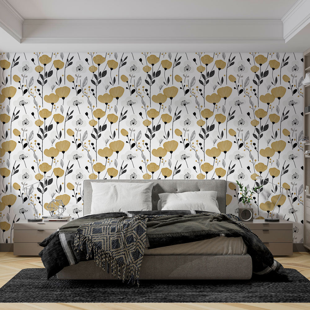 Elegant Gold Black Floral Wallpaper | Wall Mural