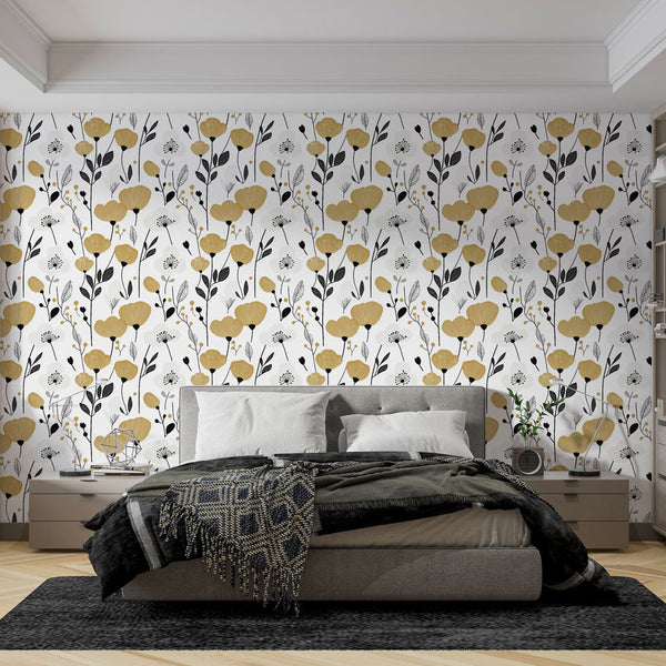 Elegant Gold Black Floral Wallpaper | Wall Mural