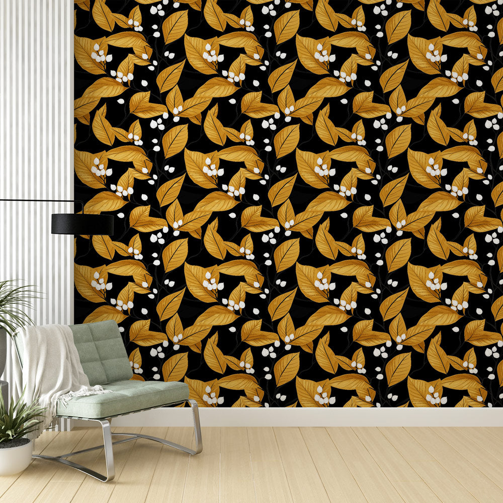 Gold Leaves & White Berries Wallpaper Wall Mural