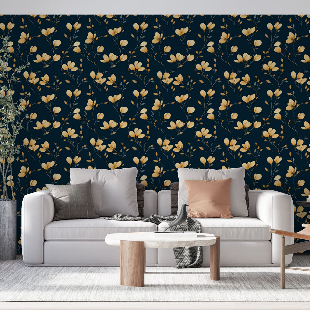 Navy Gold Floral Wallpaper | Delicate Flowers Wall Mural