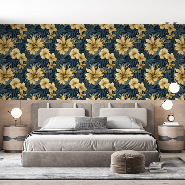 Gold Floral Wallpaper | Tropical Blooms on Navy Ground
