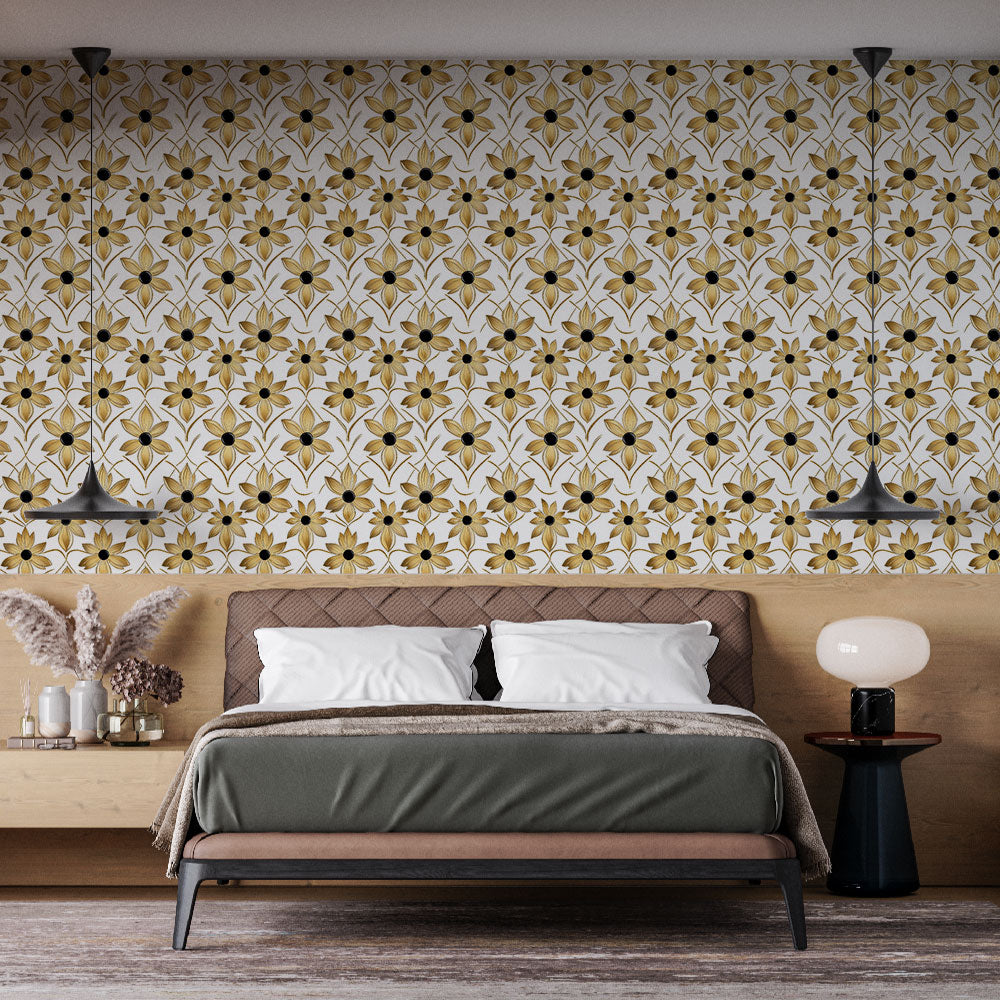 Gold Bloom Wallpaper | Black Centre Wall Mural