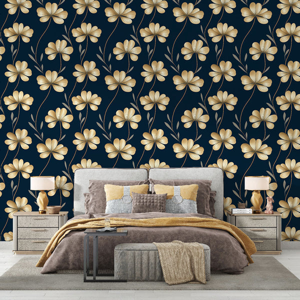 Gold Floral Wallpaper | Golden Blooms on Navy Wall Mural