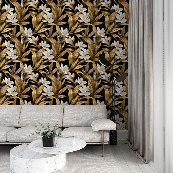 Gold & White Floral Wallpaper | Black Wall Mural
