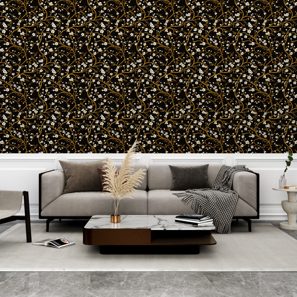 Gold Floral Wallpaper | White Branches Wall Mural